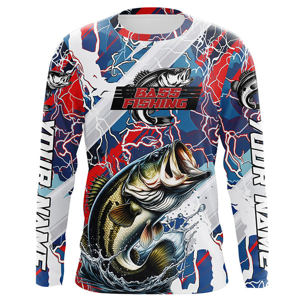 Maxcorners Red, White And Blue Lightning Camo Custom Largemouth Bass Long Sleeve Tournament Fishing Shirts LM2408