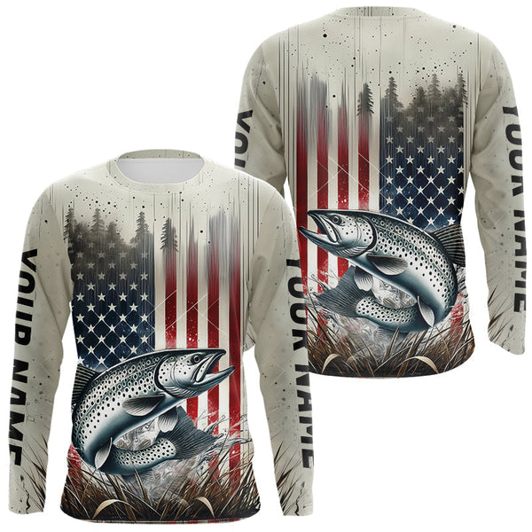Maxcorners Custom Patriotic US Flag Speckled Trout Long Sleeve Fishing Shirts, Trout Fishing Jerseys LM0607
