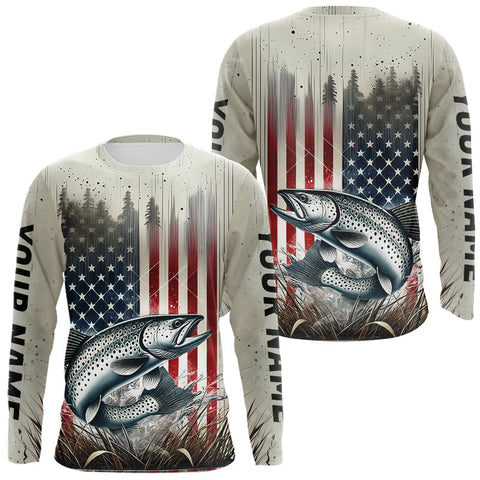 Maxcorners Custom Patriotic US Flag Speckled Trout Long Sleeve Fishing Shirts, Trout Fishing Jerseys LM0607
