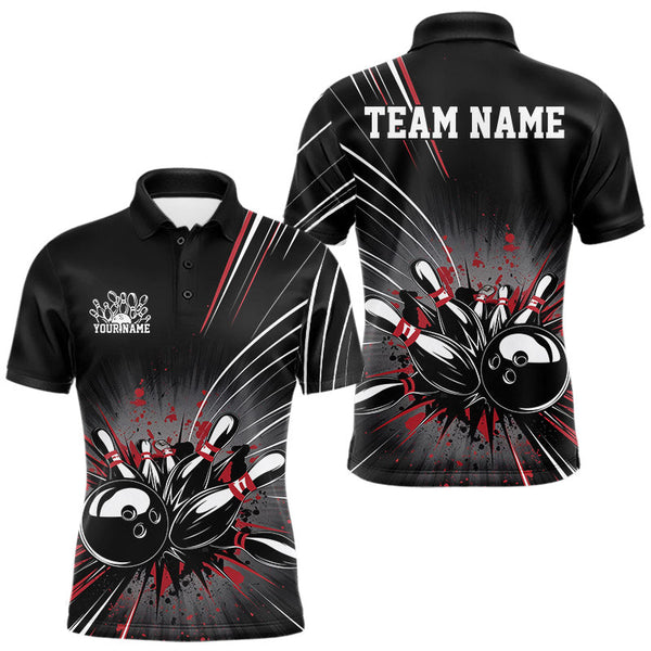 Maxcorners Custom Black And Red Grunge Bowling Team Jerseys, Men Bowling Polo Shirts MT0708