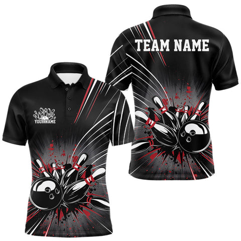 Maxcorners Custom Black And Red Grunge Bowling Team Jerseys, Men Bowling Polo Shirts MT0708