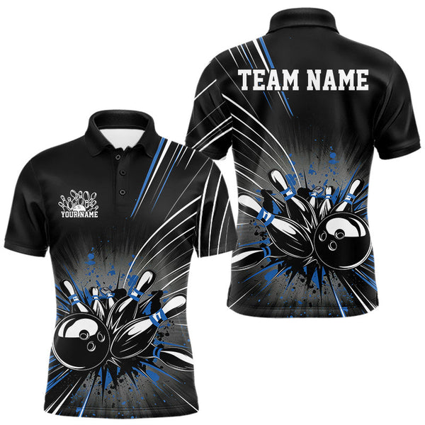 Maxcorners Custom Black And Blue Grunge Bowling Team Jerseys, Men Bowling Polo Shirts MT0708