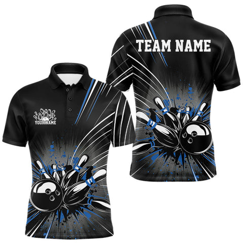 Maxcorners Custom Black And Blue Grunge Bowling Team Jerseys, Men Bowling Polo Shirts MT0708