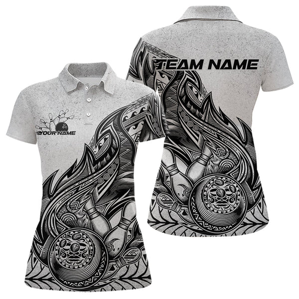 Maxcorners Custom Grunge Black And Gray Tribal Flame Polynesian Bowling Team Polo Shirt For Men