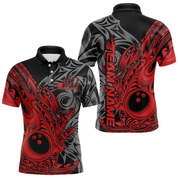 Maxcorners Custom Black And Red Flame Tribal Polynesian Bowling Men Polo Shirts, Bowling Team Uniform