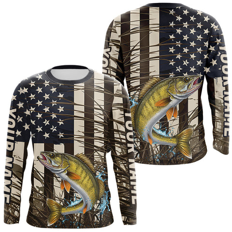Maxcorners Custom Patriotic Vintage US Flag Walleye Long Sleeve Tournament Fishing Shirts LM0607