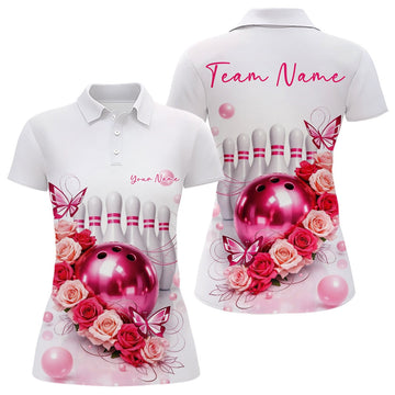Custom Red And Pink Roses With Butterfly Bowling Polo Shirt For Women, Ladies Outfit LM1203