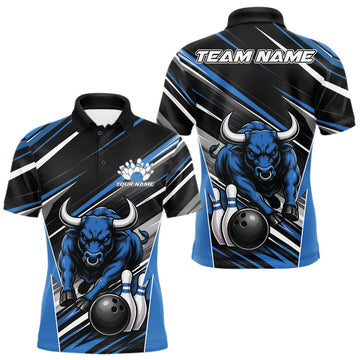 Maxcorners Custom Black And Blue Bull Bowling Team Men Polo Shirt, Bull Bowling Jerseys
