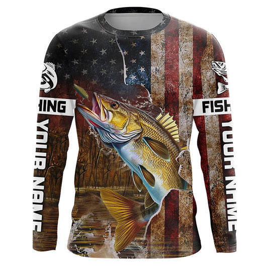 Maxcorners Personalized American Flag Walleye Fishing Shirts,Vintage Patriotic Walleye Fishing Apparel LM0501