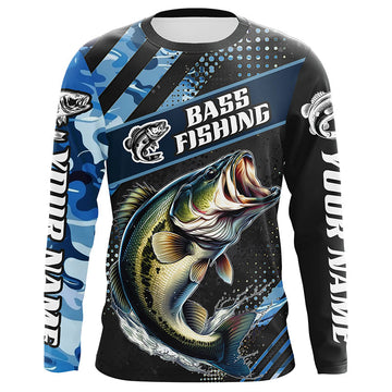 Maxcorners Personalized Blue Camo Bass Fishing Jerseys, Largemouth Bass Long Sleeve Tournament Fishing Shirts LM0201