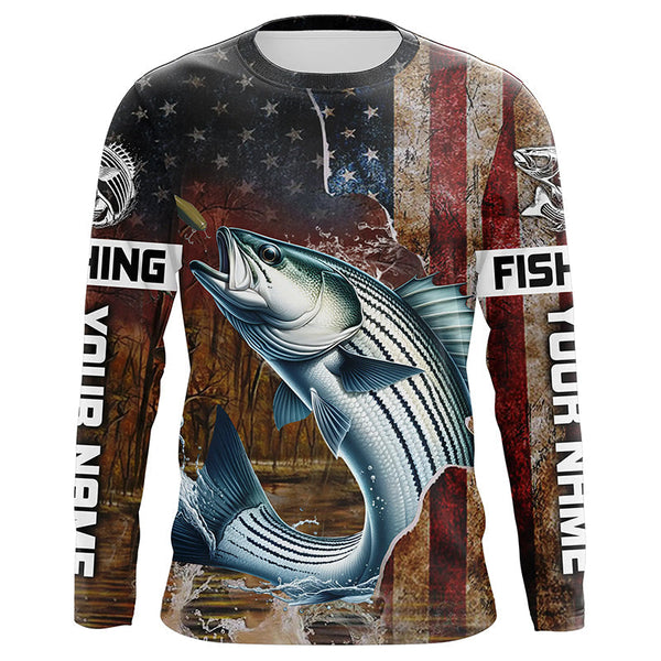 Maxcorners Custom Striped Bass Long Sleeve Fishing Shirts For Men, Patriotic Amerian Flag Striper Fishing Shirt LM2408