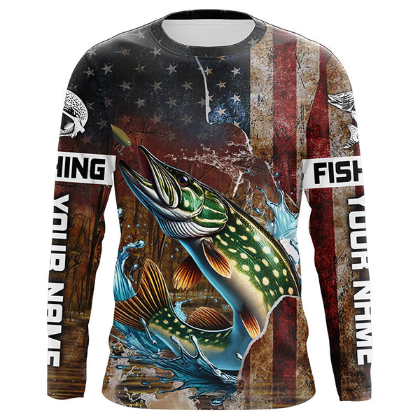 Maxcorners Custom Pike Long Sleeve Fishing Shirts For Men, Patriotic Amerian Flag Pike Fishing Shirt LM2408