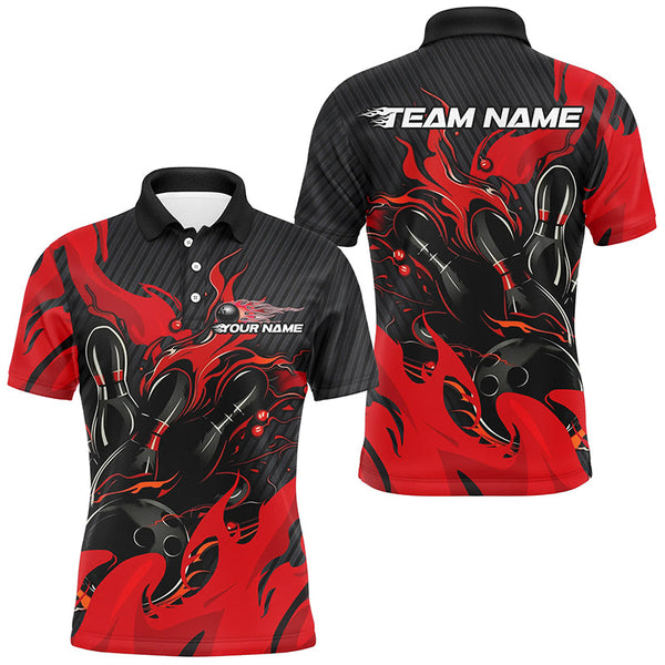 Maxcorners Black And Red Custom Flame Bowling Shirts For Men, Bowling League Shirts Team Uniform