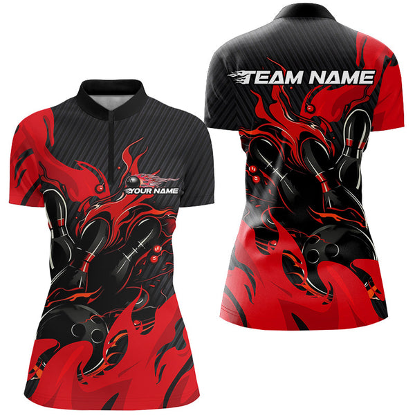 Maxcorners Black And Red Custom Flame Bowling Shirts For Men, Bowling League Shirts Team Uniform