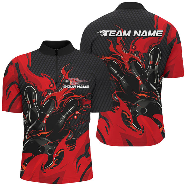 Maxcorners Black And Red Custom Flame Bowling Shirts For Men, Bowling League Shirts Team Uniform