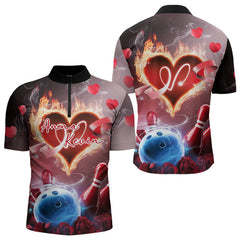 Maxcorners Custom Valentines Day Couple Bowling Polo Shirts For Men, Roses And Flame Bowling For Lovers