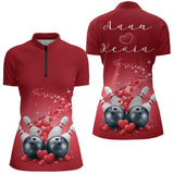 Maxcorners Custom Red Valentine Bowling Polo Shirts For Men, Valentines Day Couple Bowling Outfits