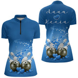 Maxcorners Custom Blue Valentine Bowling Polo Shirts For Men, Valentines Day Couple Bowling Outfits