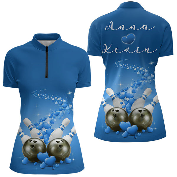 Maxcorners Custom Blue Valentine Bowling Polo Shirts For Men, Valentines Day Couple Bowling Outfits