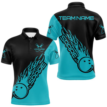 Maxcorners Custom Black And Blue Flame Spare Bowling Men Shirts, Bowling Team League Jerseys