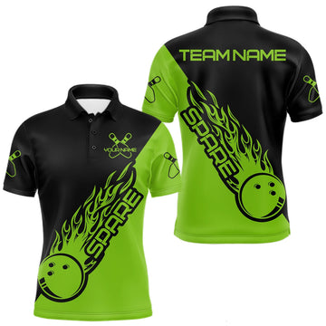 Maxcorners Custom Black And Green Flame Spare Bowling Men Shirts, Bowling Team League Jerseys