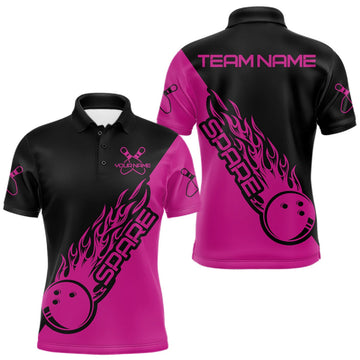 Maxcorners Custom Black And Pink Flame Spare Bowling Men Shirts, Bowling Team League Jerseys