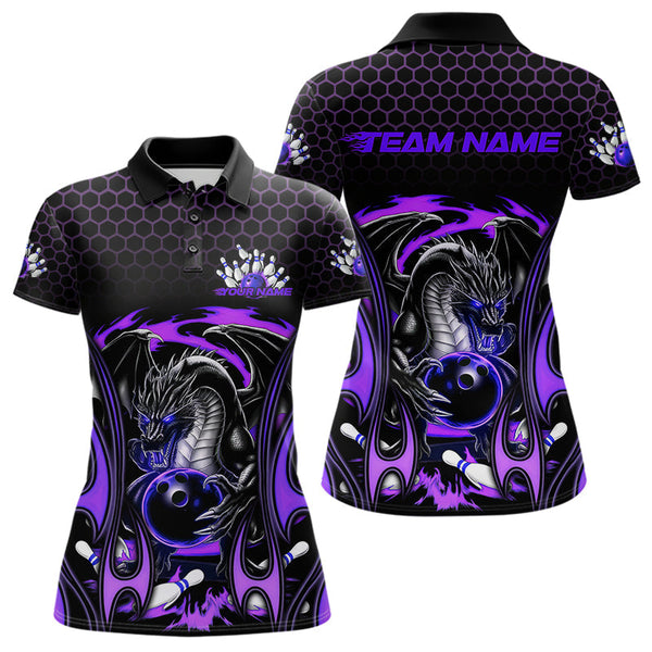 Maxcorners Custom Black And Purple Flame Dragon Bowling Men Polo Shirts, Team Bowling League Shirt