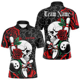 Maxcorners Custom Red Roses And Skull Bowling Polo Shirts For Men, Team Bowling League Shirt