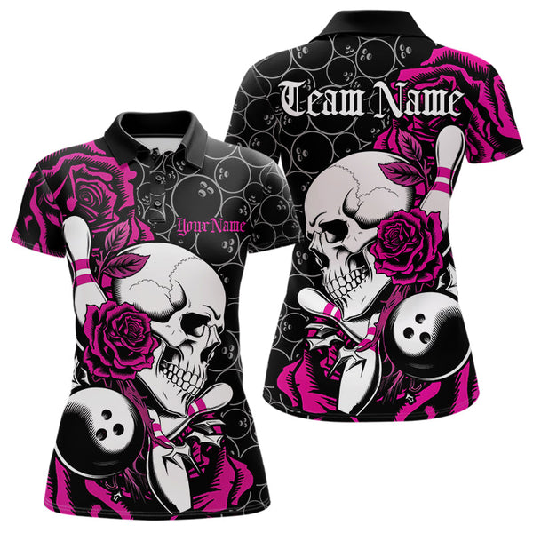 Maxcorners Custom Pink Roses And Skull Bowling Polo Shirts For Men, Team Bowling League Shirt