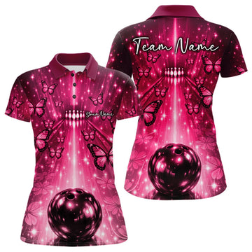Custom Pink Galaxy Bowling Lane Butterfly Bowling Team Women Polo Shirt LM1203