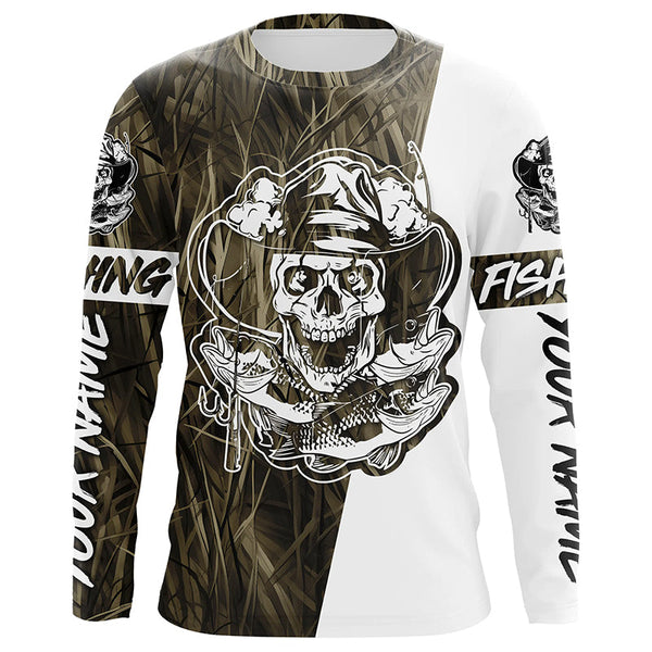 Maxcorners Grass Camo Skull Fisherman Custom Long Sleeve Fishing Shirts, Skeleton Fishing Jerseys LM2408