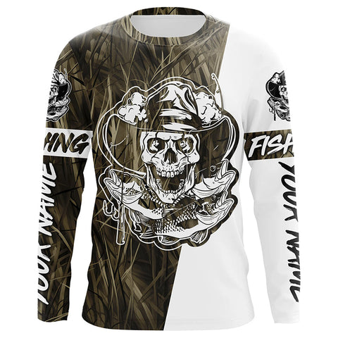 Maxcorners Grass Camo Skull Fisherman Custom Long Sleeve Fishing Shirts, Skeleton Fishing Jerseys LM2408