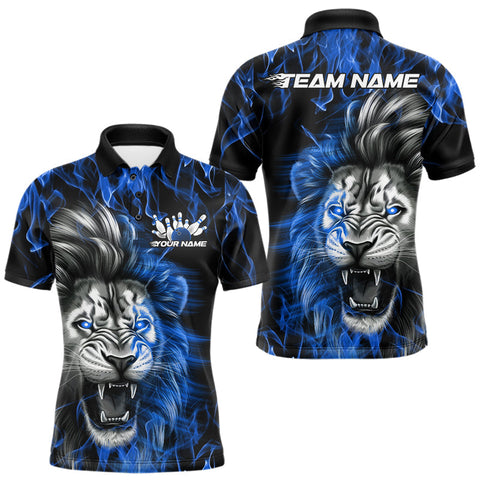 Maxcorners Custom Blue Flame Lion Bowling Polo Team Shirts For Men, Lion Bowling League Shirt LM0210