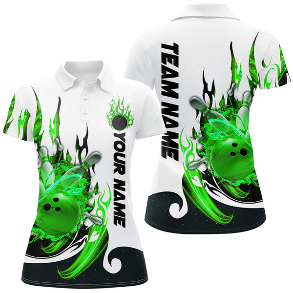 Maxcorners Bowling Ball And Pins Green Flame Customized Name, Team Name 3D Polo Shirt