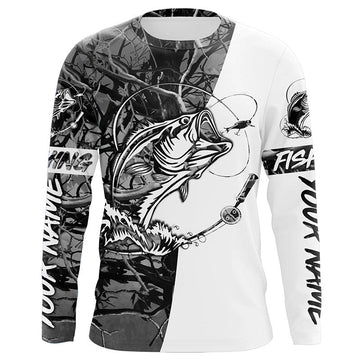 Maxcorners Bass Fishing Custom Long sleeve performance Fishing Shirts, Largemouth Bass Shirts | gray camo LM0201