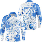 Maxcorners Custom White And Blue Splatter Bowling Long Sleeve Polo Shirts For Men, Bowling Team Shirts TU2908