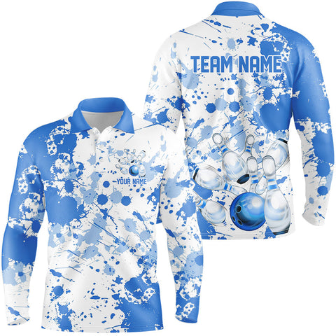Maxcorners Custom White And Blue Splatter Bowling Long Sleeve Polo Shirts For Men, Bowling Team Shirts TU2908