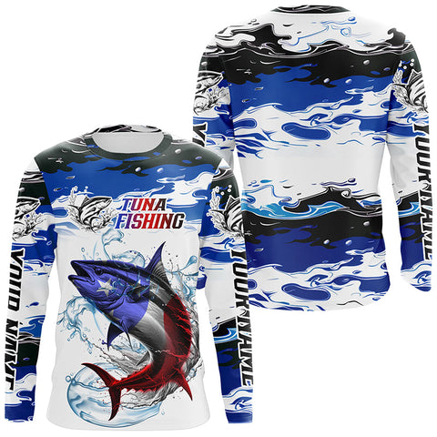 Maxcorners Custom Patriotic Tuna Fishing Camo Jerseys, American Flag Tuna Long Sleeve Saltwater Fishing Shirts LM2408