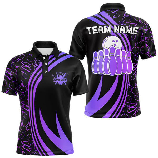 Maxcorners Black Mens Bowling Shirts Custom Purple Neon Team League Bowling Jerseys, Gifts For Bowlers