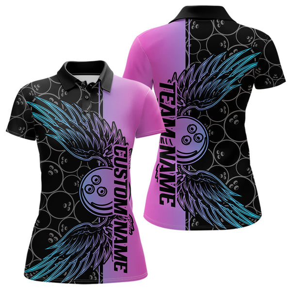 Maxcorners Blue And Pink Custom Bowling Tournament Men Polo Shirts, Bowling Ball And Wings Jerseys LM0803