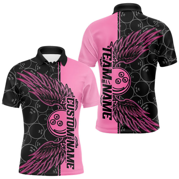 Maxcorners Black And Pink Custom Bowling Tournament Men Polo Shirts, Bowling Ball And Wings Jerseys LM0803