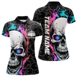 Maxcorners Custom Blue And Pink Flame Skull Bowling Men Polo Shirts, Bowling Pattern Team League Shirt LM0803