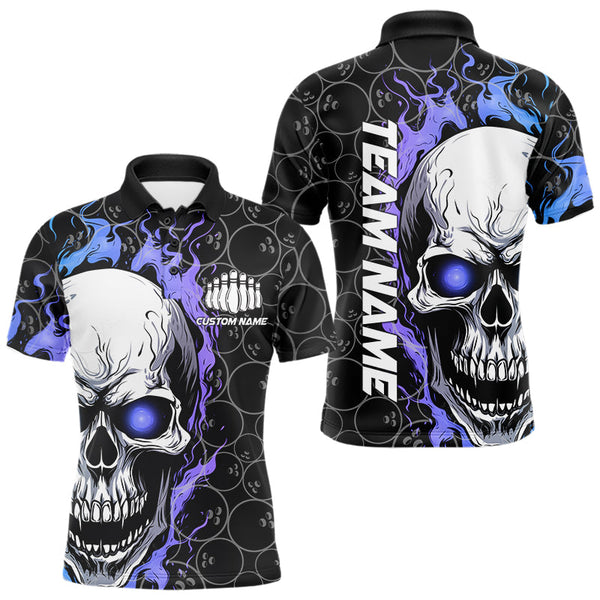 Maxcorners Custom Blue And Purple Flame Skull Bowling Men Polo Shirts, Bowling Pattern Team League Shirt LM0803