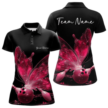 Custom Pink Galaxy Butterfly Bowling Women Polo Shirts, Ladies Bowling Team Outfit LM1203