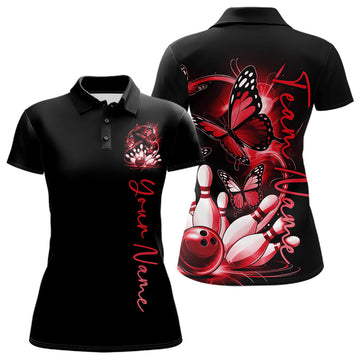 Custom Red Butterfly Bowling Women Polo Shirts With Team Name, Bowling Uniform LM1203