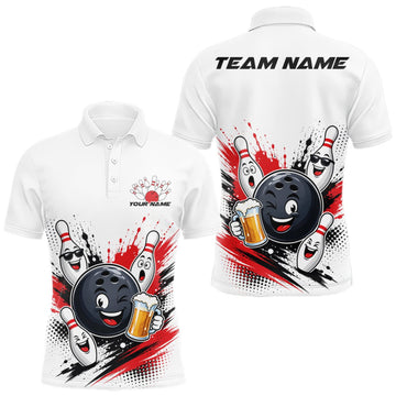 Maxcorners Custom White And Red Funny Beer Bowling Men Polo Shirt, Beer Drinking Party Bowling LM1508
