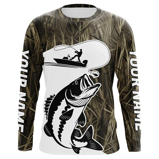 Maxcorners Custom Largemouth Bass Fishing Camo Long Sleeve Fishing Shirts, Bass Tournament Fishing Jerseys LM0201