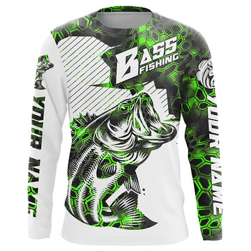 Maxcorners Personalized Bass Fishing Jerseys, Bass Fishing Long Sleeve Fishing Tournament Shirts | Green Camo LM0201