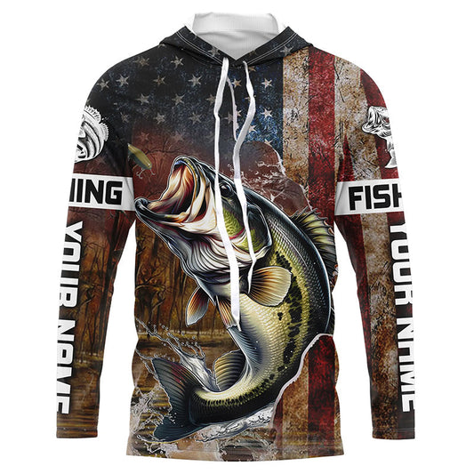 Maxcorners Vintage American Flag Bass Fishing Jerseys, Personalized Patriotic Bass Fishing Shirts For Fisherman LM0501