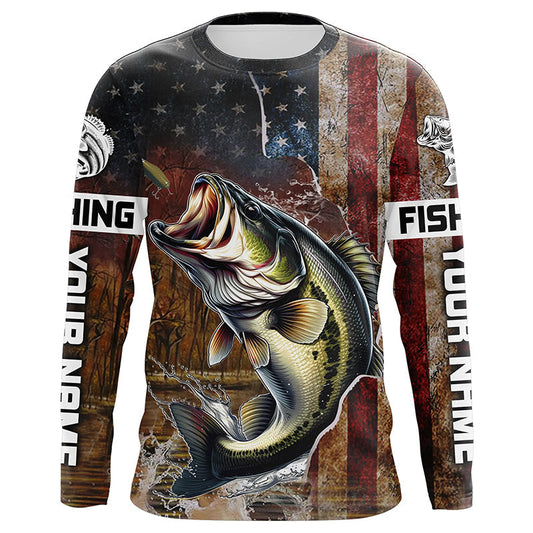 Maxcorners Vintage American Flag Bass Fishing Jerseys, Personalized Patriotic Bass Fishing Shirts For Fisherman LM0501